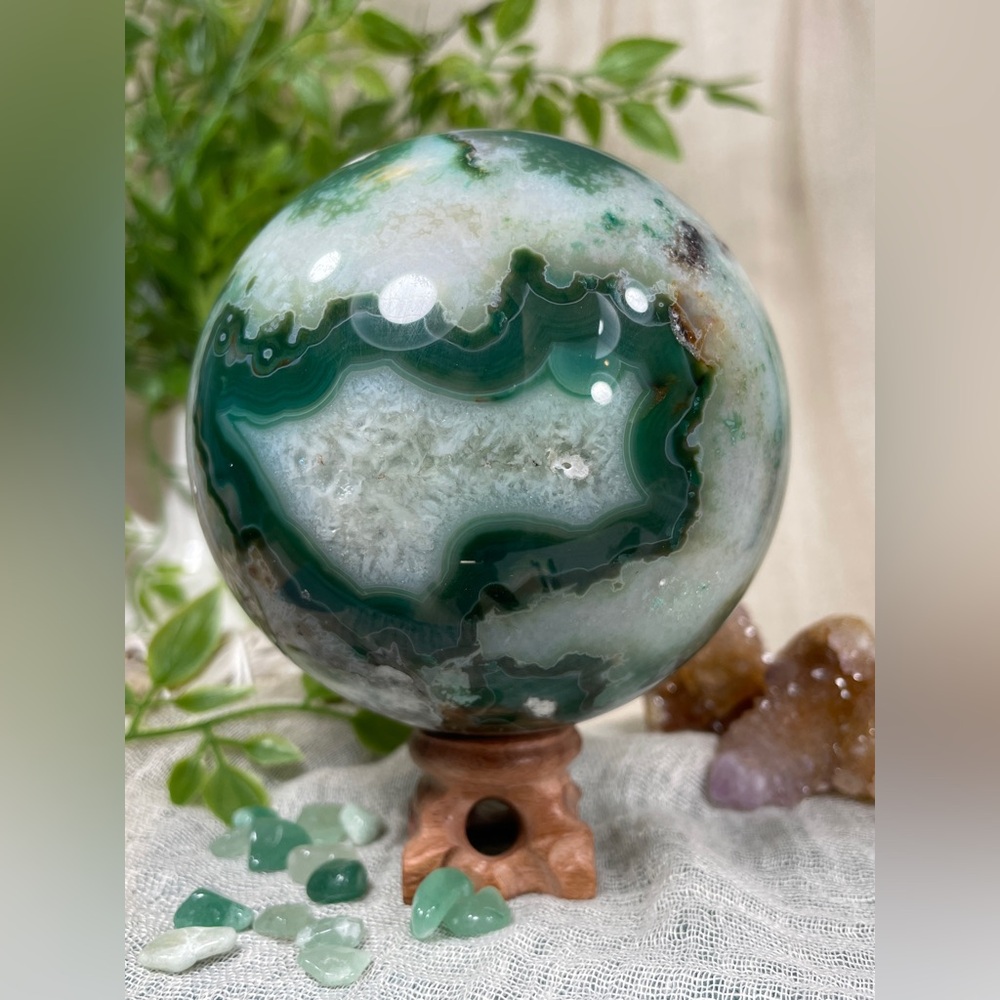 1291 Extra Large Green Flower Agate Crystal Sphere